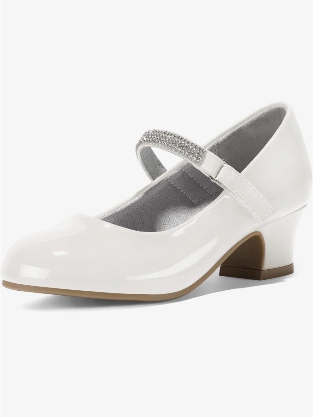 Girls' White Patent Mary Jane Dress Heels with Rhinestone Strap
